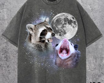Three Opossum Retro Graphic T-shirts, Vintage Raccoon Moon Tshirt, Possum Lovers, Funny Raccoon Tee, Oversized Washed Tee, Silly Gift