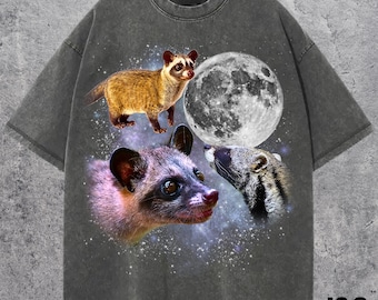 Camiseta retro con estampado de tres civetas, camiseta vintage con luna y animales de la selva, divertida camiseta de fauna exótica, camiseta para amantes de los animales nocturnos, colores cómodos