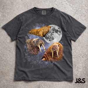 May include: Dark gray t-shirt featuring a graphic design of three walruses, a full moon, and a starry background. The walruses are depicted in shades of brown and tan, with prominent tusks. The shirt has a vintage, distressed look.
