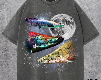 Arapaima Retro Grafik T-Shirt, Vintage Mond Fisch T-Shirt, Lustiges Riesen Fisch Top, Übergroßes Gewaschenes Shirt, Einzigartiges Natur Liebhaber Geschenk