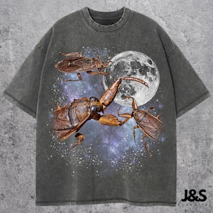 May include: Dark grey t-shirt with a graphic of three large insects in shades of brown and gold against a full moon and starry night sky. The shirt has a vintage, washed appearance.