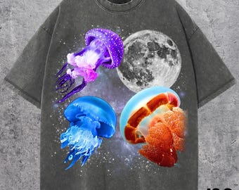 Trois t-shirts graphiques méduses, t-shirt méduse lune vintage, chemise méduse, t-shirt méduse drôle, chemise méduse meme, t-shirt méduse
