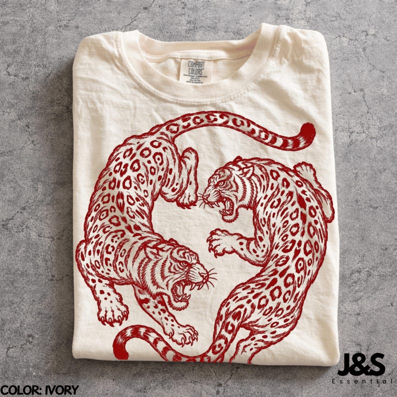 Vintage Snow Leopard Shirt, Japanese Snow Leopard Tee, Red Wild Cat Graphic Tee, Retro Tattoo Style Shirt, Minimalist Streetwear Tshirt Ivory