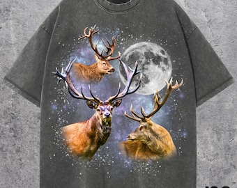 Camisetas con gráficos retro de tres ciervos, camiseta vintage con ciervos y luna, amantes de los ciervos, camiseta divertida con ciervos, camiseta lavada de gran tamaño, regalos tontos, regalo de ciervo
