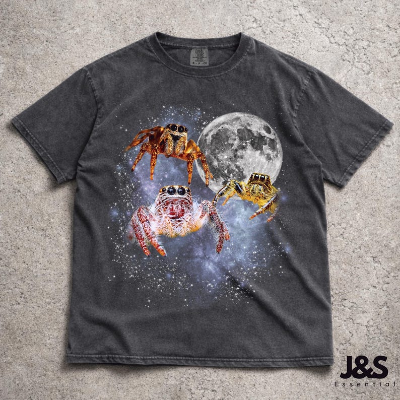 May include: Dark gray t-shirt featuring a graphic of three jumping spiders in front of a full moon and a starry background. The spiders are in shades of brown, orange, and yellow. The shirt has a vintage wash look.