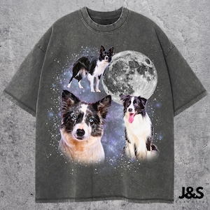 May include: Dark grey t-shirt with three Border Collie dog illustrations, a full moon, and a starry background. The dogs are black and white, with one dog's tongue out. The text "J&S Essential" is at the bottom.