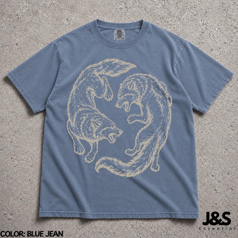 Vintage Wolf Shirt, Japanese Wolf Tee, Red Wolf Graphic Tee, Retro Tattoo Style Shirt, Minimalist Streetwear Tshirt Blue Jean