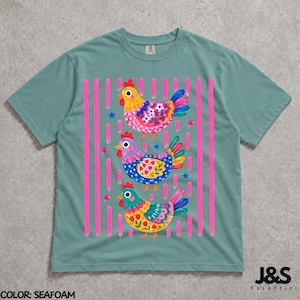 Colorful Chicken Tshirt, Floral Folk Art Hen Shirt, Cute Farm Animal Graphic Tee, Whimsical Comfort Colors Chicken Lover Gift Seafoam