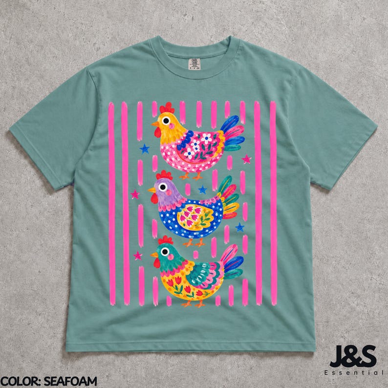 Colorful Chicken Tshirt, Floral Folk Art Hen Shirt, Cute Farm Animal Graphic Tee, Whimsical Comfort Colors Chicken Lover Gift Seafoam