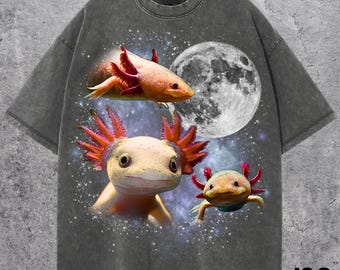 Three Axolotl Retro Graphic T-shirts, Vintage Axolotl Moon Tshirt, Axolotl Shirt, Funny Tee, Oversized Washed Tee, Axolotl Shirt, Axolotl