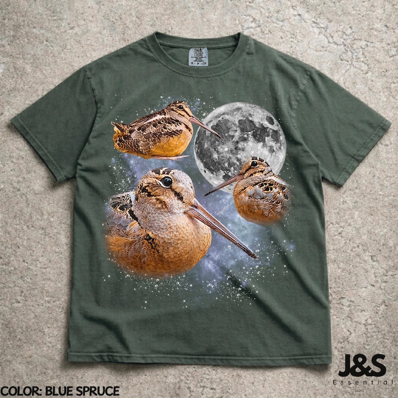Three Meep Bird American Woodcock Moon Shirt, Vintage Timberdoodle Galaxy Tee, Retro Cosmic Woodcock Graphic Top, Birder Gift, Blue Spruce