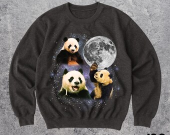 Sudadera con tres pandas y luna, divertida sudadera de panda con cuello redondo, suéter único de animal celestial, bonito regalo para amantes de la vida silvestre, camiseta de panda galáctico