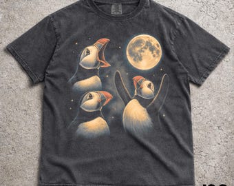 Camiseta de tres frailecillos y la luna, camiseta divertida de frailecillos, camiseta retro de pájaros, camiseta vintage con estampado de la luna, regalo adorable para amantes de los frailecillos