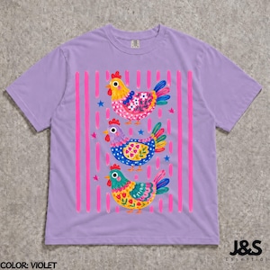 Colorful Chicken Tshirt, Floral Folk Art Hen Shirt, Cute Farm Animal Graphic Tee, Whimsical Comfort Colors Chicken Lover Gift Violet