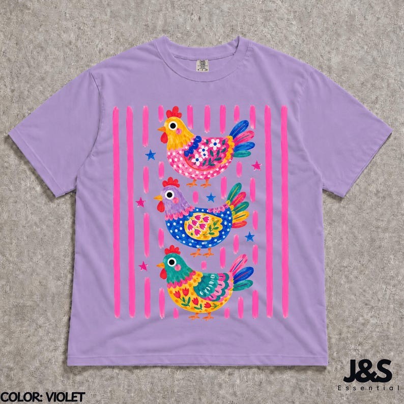 Colorful Chicken Tshirt, Floral Folk Art Hen Shirt, Cute Farm Animal Graphic Tee, Whimsical Comfort Colors Chicken Lover Gift Violet