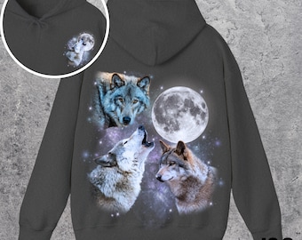 Three Wolves Vintage Graphic Hoodie, Retro Wolf Moon Hoodie, Oversized Wolf Hoodie, Funny Howling Wolf Gift, Wolves Moon, Animal Lovers