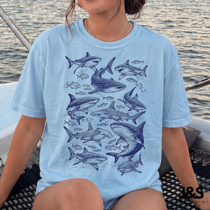 Shark 90s Vintage Tattoo Style Graphic Tshirt, Retro Comfort Colors® Y2k Whale Shark Great White Wildlife Unisex Shirt, Ocean Lover Gift Chambray