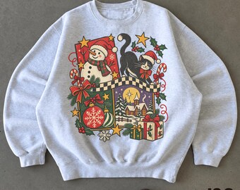 Vintage 90s Christmas Sweatshirt, Retro Black Cat Snowman Pullover, Cozy Holiday Graphic Crewneck, Festive Winter Wonderland Sweater