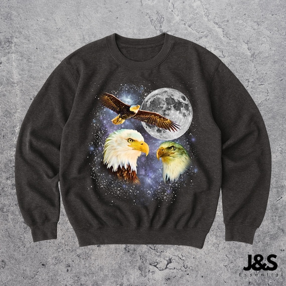 Three Eagle Moon Sweatshirt, Bald Eagle Crewneck, Majestic Bird Sweater, Patriotic Wildlife Top, Cosmic Sky Eagle Shirt
