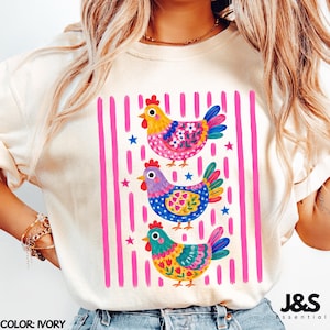 Colorful Chicken Tshirt, Floral Folk Art Hen Shirt, Cute Farm Animal Graphic Tee, Whimsical Comfort Colors Chicken Lover Gift Ivory