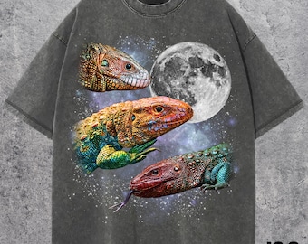 Peut inclure: T-shirt gris foncé avec un motif de trois lézards colorés, une pleine lune et un fond étoilé. Les lézards sont dans les tons de rouge, orange, jaune, vert et bleu. Le texte "J&S Essential" est en bas.