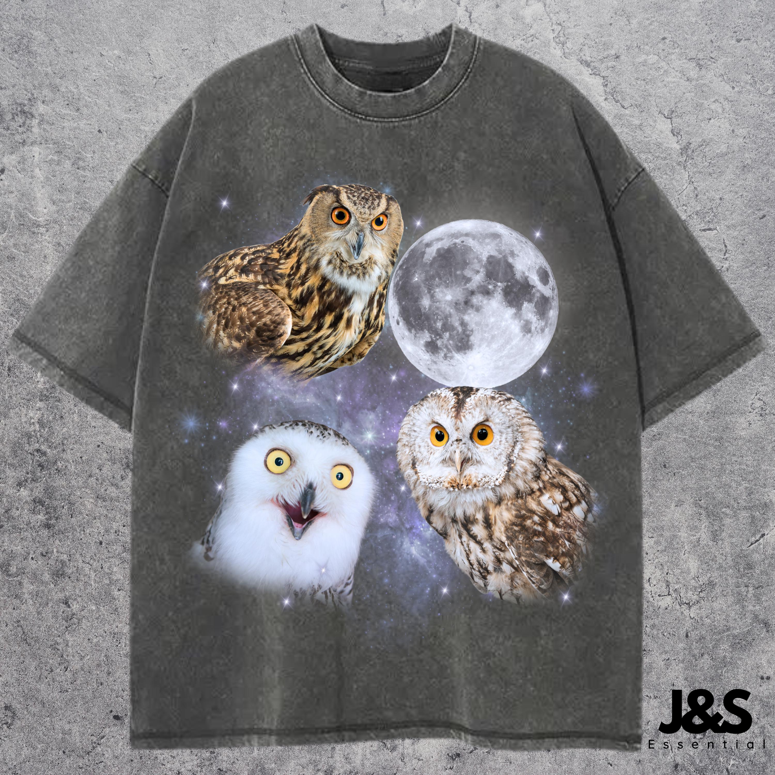 Three Owl Retro Graphic T-shirts, Vintage Owl Moon Tshirt, Owl Lovers, Funny Owl Tee, Oversized Wash