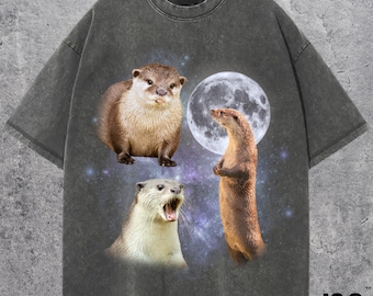 Camisetas com estampa retrô da lua Three Otters, camiseta vintage com meme da lua Otters, amantes de lontras, camiseta engraçada de lontras, camiseta grande lavada, lontras