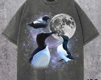 Three Guillemot Moon Shirt, Funny Seabird Graphic Tee, Retro Celestial Bird T-shirt, Unique Seabird Lover Gift Top