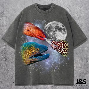 Op de afbeelding: Donkergrijs T-shirt met een afbeelding van drie kleurrijke murenen, een volle maan en een sterrenhemel. Het shirt heeft een vintage wassing en de tekst "J&S Essential" staat onderaan.