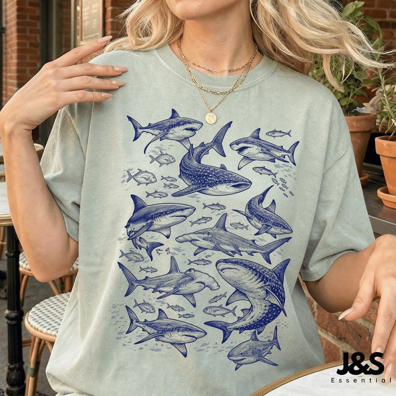 Shark 90s Vintage Tattoo Style Graphic Tshirt, Retro Comfort Colors® Y2k Whale Shark Great White Wildlife Unisex Shirt, Ocean Lover Gift Bay