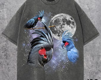 Magliette grafiche retrò con tre cacatua delle palme, maglietta vintage con uccello esotico e luna, maglietta divertente come regalo per gli amanti dei pappagalli, maglietta oversize con uccello tropicale