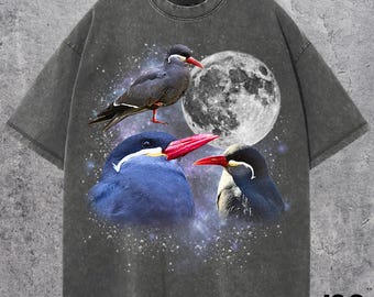 Three Inca Tern Moon Shirt, Funny Bird Graphic Tee, Celestial Seabird T-shirt, Retro Galaxy Wildlife Top, Unique Ocean Bird Gift