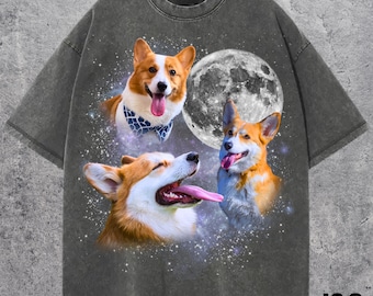 Three Corgi Retro Graphic T-shirts, Vintage Corgi Moon Tshirt, Corgi Lovers, Funny Corgi Tee, Oversized Washed Tee, Silly Gift, Corgi Dogs