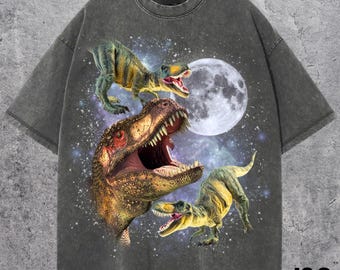 Three T-Rex Retro Graphic T-shirts, Vintage T-Rex Moon Tshirt, T-Rex Lovers, Funny T-Rex Tee, Oversized Washed Tee, Silly Gifts, T-Rex Gift