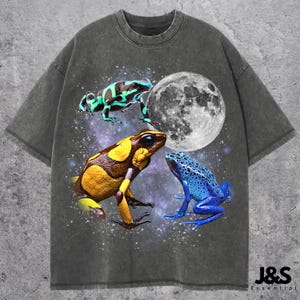 Può includere: T-shirt grigio scuro con una grafica di tre rane colorate su uno sfondo stellato e una luna piena. Le rane sono gialle, blu e verdi, con motivi intricati. La maglietta ha una vestibilità ampia.