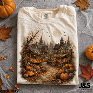 Pumpkin Market Halloween Shirt, Cozy Haunted Village Tshirt, Vintage Fall Farm Tee, Spooky Autumn Cottagecore Graphic Shirt Gift