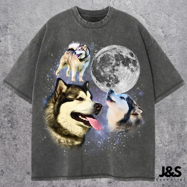 Chemise trois lune en malamute d'Alaska, t-shirt galaxie malamute, haut pour les amoureux des chiens de l'espace, conception de chiens de traîneau du Nord, cadeau pour les propriétaires de malamute