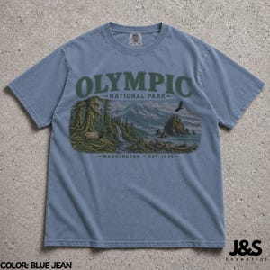 Camiseta del Parque Nacional Olímpico, camiseta de montaña costera de Washington, camiseta vintage de senderismo en la naturaleza, regalo de aventura del noroeste del Pacífico Blue Jean