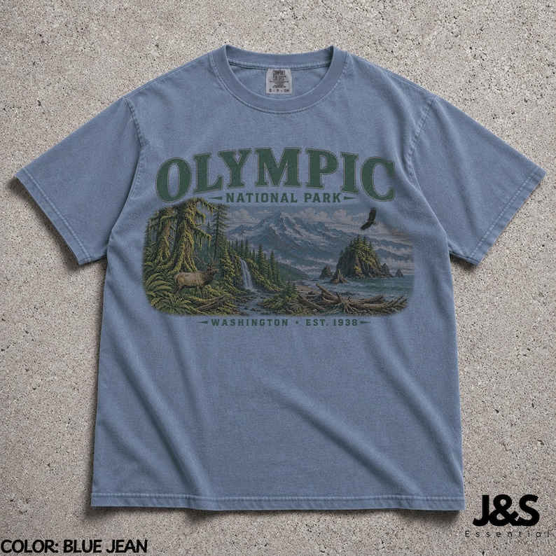 Camiseta del Parque Nacional Olímpico, camiseta de montaña costera de Washington, camiseta vintage de senderismo en la naturaleza, regalo de aventura del noroeste del Pacífico Blue Jean