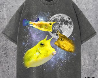 Camisetas retro con gráficos de tres peces vaca, divertida camiseta con la luna del océano, camiseta para amantes de la vida marina exótica, regalo vintage de pez cofre colorido
