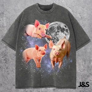Three Pigs Retro Graphic T-shirts, Vintage Pigs Moon Tshirt, Pigs Shirt, Funny Pigs Tee, Oversized Meme Pigs Tee, Piglet Shirt, Pig Tee