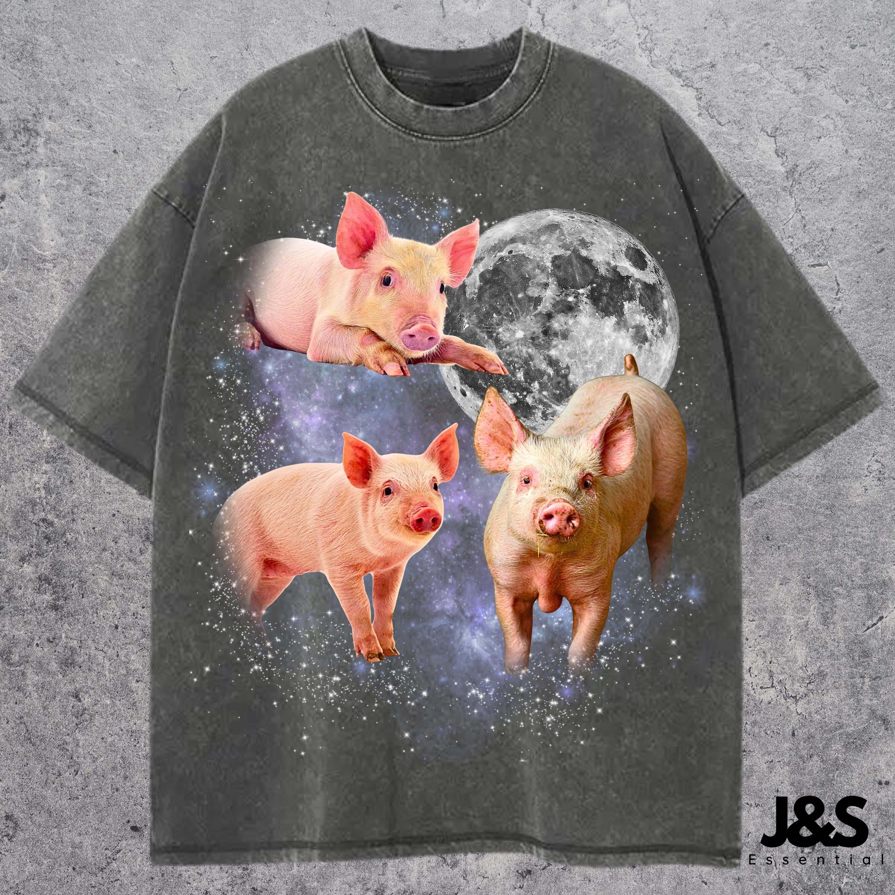 三匹の子豚のレトログラフィックTシャツ、ヴィンテージの豚の月Tシャツ 