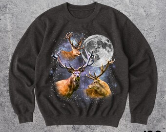 Three Deer Moon Sweatshirt, Funny Buck Crewneck, Unique Celestial Animal Hoodie, Cute Wildlife Lover Gift, Galaxy Deer Sweatshirt