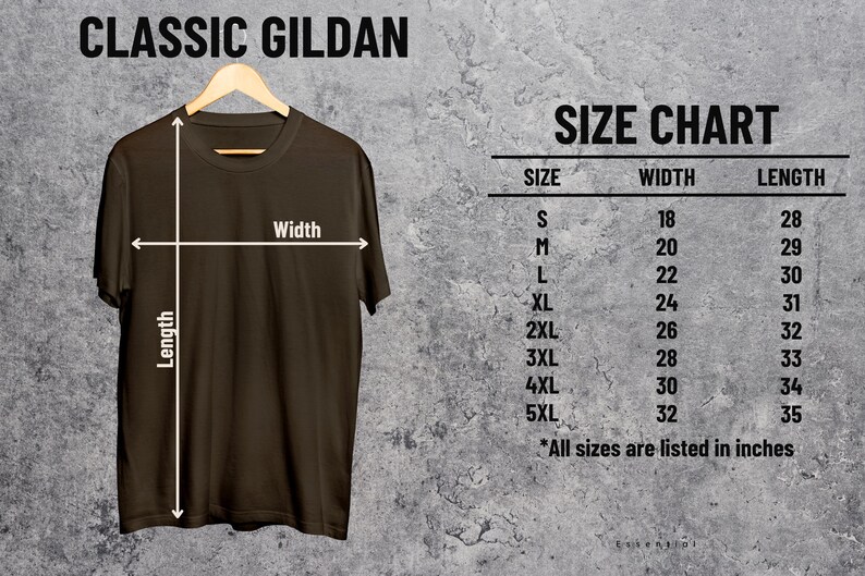 May include: A brown t-shirt hanging on a wooden hanger, with a size chart to the right. The size chart lists sizes S through 5XL, with corresponding width and length measurements in inches. The text "CLASSIC GILDAN" is at the top.