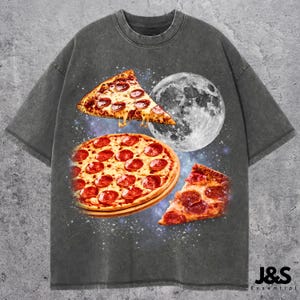 Three Pizza Moon Shirt, Funny Fast Food T-shirt, Retro Galaxy Pizza Tee, Unique Celestial Food Top, Pepperoni Lover Gift