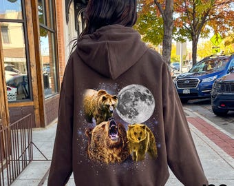 Tre björnar retro grafisk hoodie, vintage björnmånehoodie, rolig björnälskarepresent, överdimensionerad mysig hoodie, djurhoodie med vilda djur