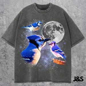 May include: Dark grey t-shirt with a design of three blue jays, a full moon, and a starry background. The t-shirt has a crew neck and short sleeves. The brand name "J&S Essential" is printed at the bottom right.