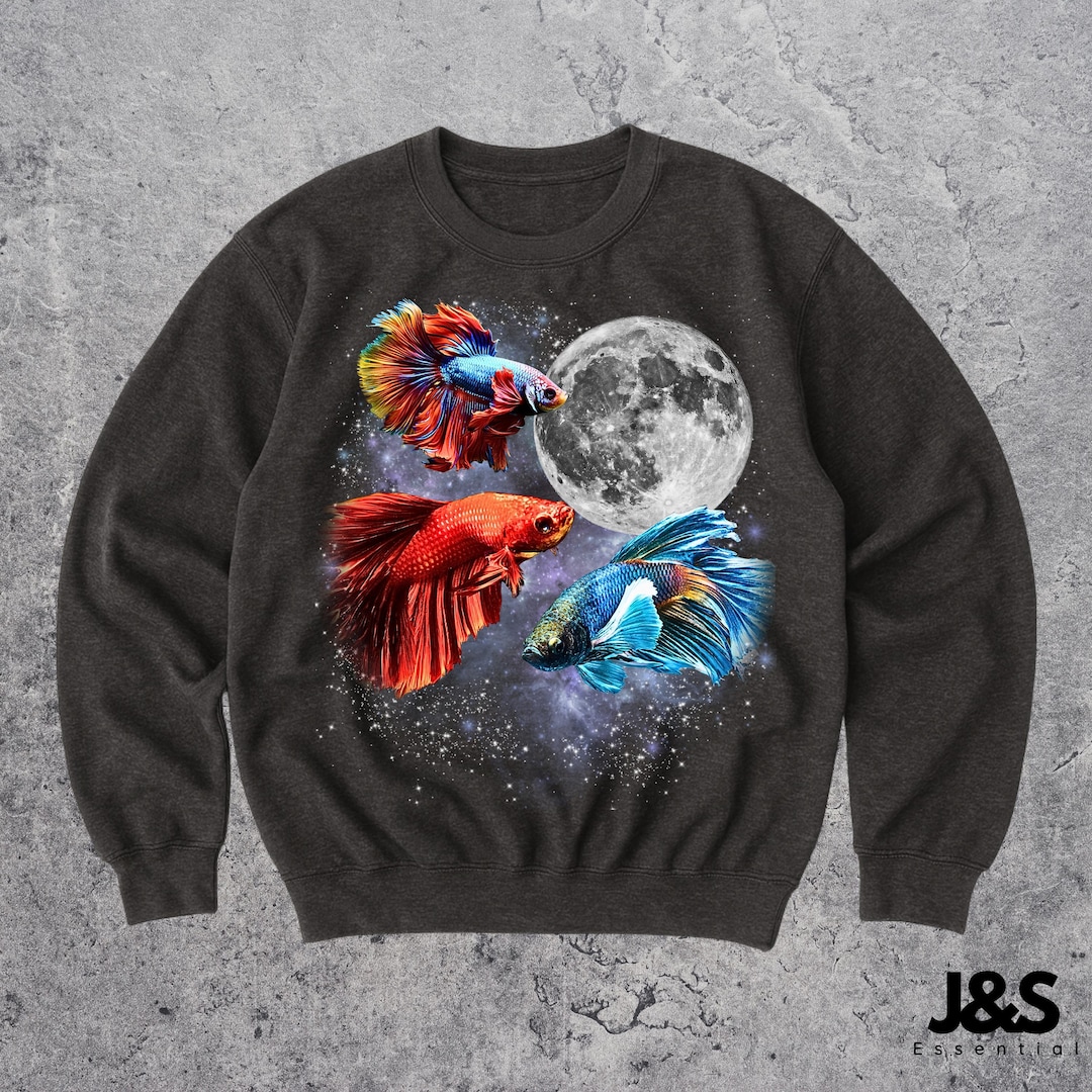 Three Betta Fish Moon Sweatshirt, Colorful Galaxy Aquarium Pullover ...