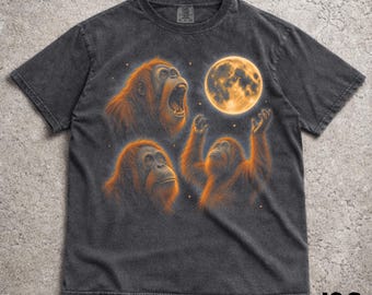 Three Orangutan Moon Vintage 90s Shirt, Retro Silly Orangutan Gift, Howling Orangutan Full Moon Tee, Aesthetic Galaxy Jungle Nature Art