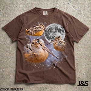 Three Meep Bird American Woodcock Moon Shirt, Vintage Timberdoodle Galaxy Tee, Retro Cosmic Woodcock Graphic Top, Birder Gift, Espresso